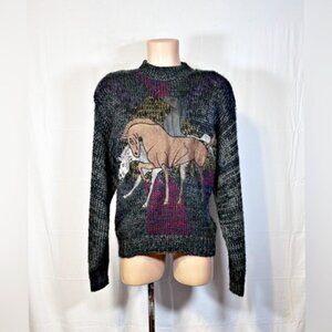 Vintage Koman Black Multicolor Acrylic Leather Horse Patch Crewneck Sweater~M~
